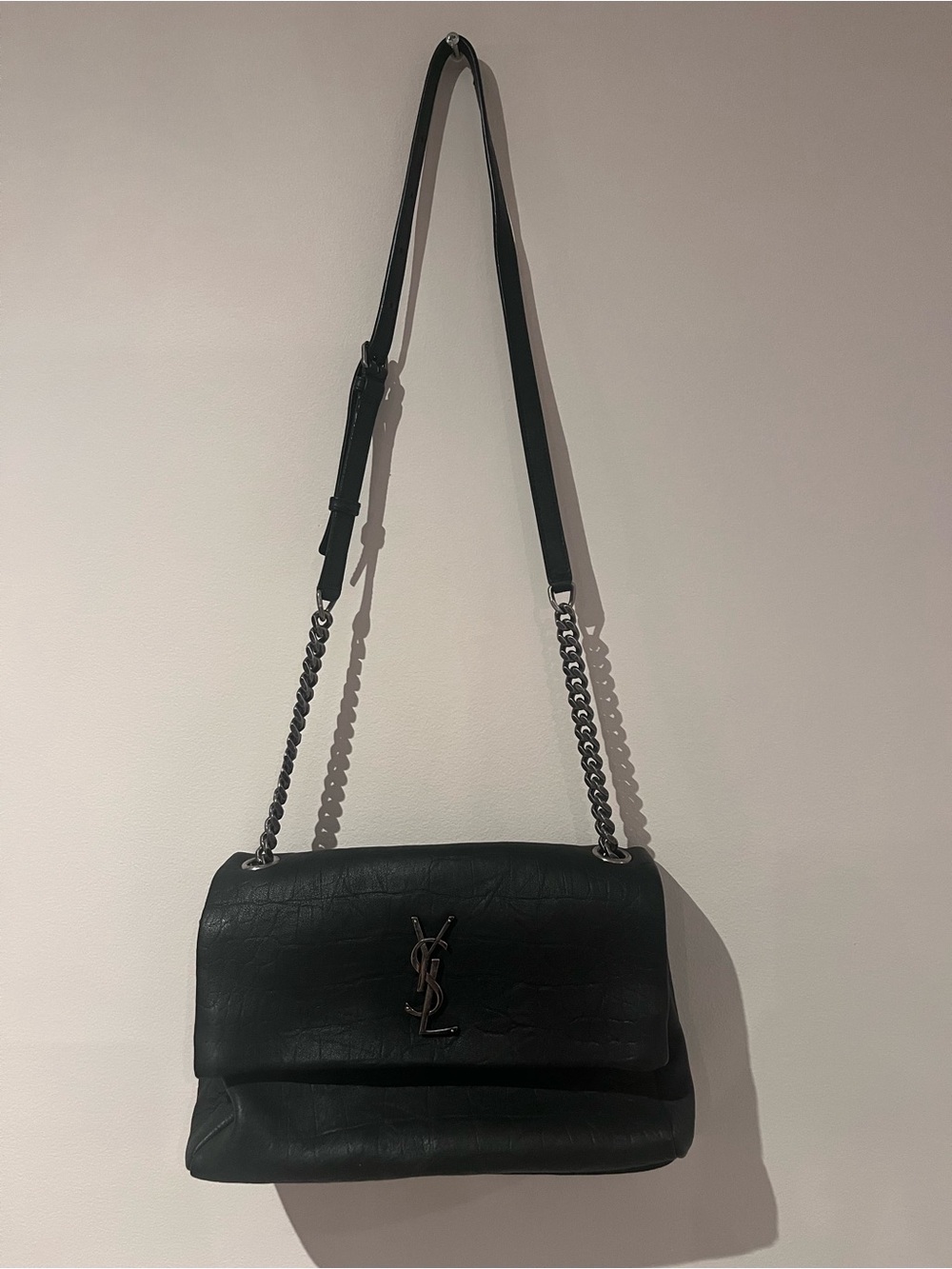 Saint Laurent Black Leather Shoulder Bag with Silver Chain